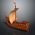 Wooden Sailing Ship With Striped Sail And Colorful Flags On Deck Decoration