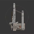 Industrial Building Structure With Two Tall Chimneys Metal Pipes And Platforms