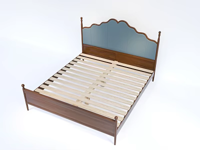 Double Bed Featuring Wooden Frame Blue Headboard Carved Design And Wooden Slats 3d model