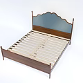 Double Bed Featuring Wooden Frame Blue Headboard Carved Design And Wooden Slats
