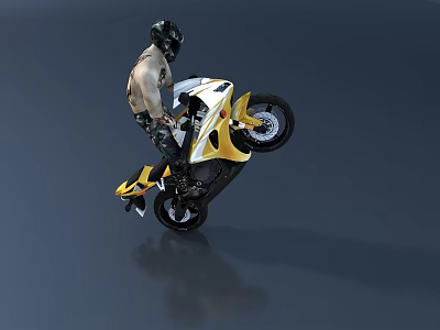 Yellow and White Motorcycle Performing Wheelie Stunt With Helmeted Rider 3d model