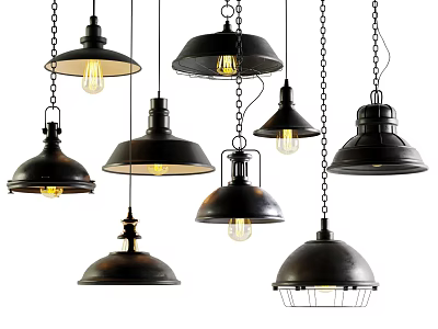 Various Black Industrial Pendant Lights With Different Designs And Chain Hanging 3d model