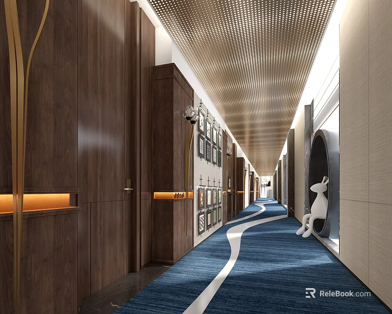 Hotel Corridor With Modern Design Wooden Walls Metallic Ceiling Blue Carpet And White Rabbit Sculpture 3d model 