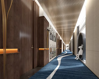 Hotel Corridor With Modern Design Wooden Walls Metallic Ceiling Blue Carpet And White Rabbit Sculpture 3d model