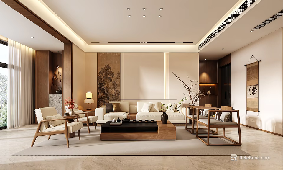 Chinese Modern Living Room Interior Design With Solid Wood Furniture And Ink Painting Decor 3d model 