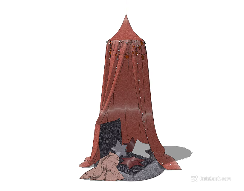 Red Fabric Camping Tent With Decorative Buttons And Open Entrance On Stone Ground 3d model 