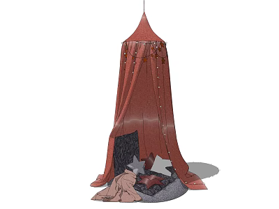 Red Fabric Camping Tent With Decorative Buttons And Open Entrance On Stone Ground 3d model