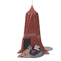 Red Fabric Camping Tent With Decorative Buttons And Open Entrance On Stone Ground
