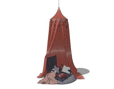 Red Fabric Camping Tent With Decorative Buttons And Open Entrance On Stone Ground 3d model