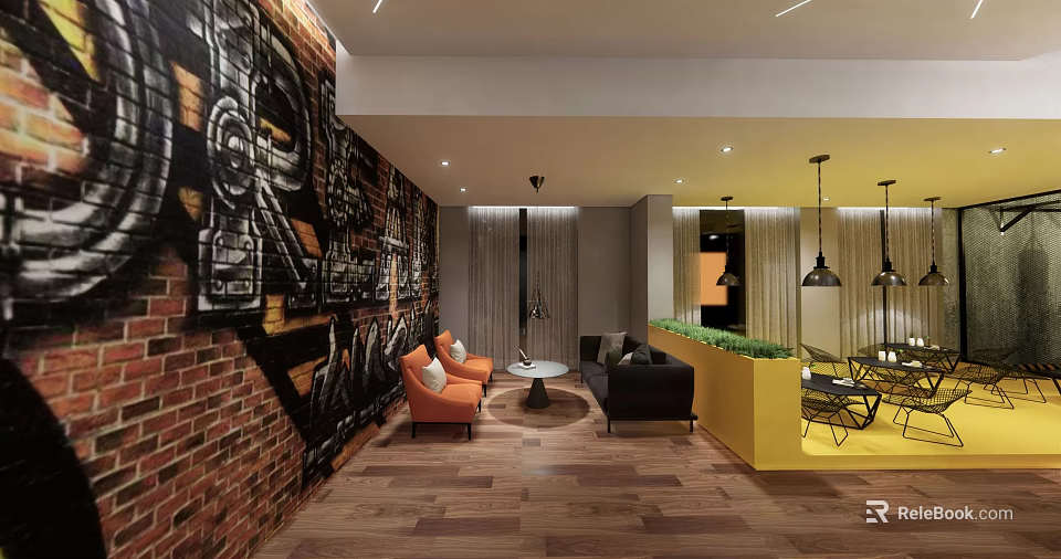 Modern Lounge Area Interior With Brick Wall Graffiti Art Comfortable Sofas And Yellow Bar Counter 3d model 