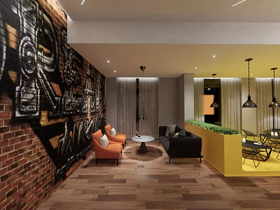 Modern Lounge Area Interior With Brick Wall Graffiti Art Comfortable Sofas And Yellow Bar Counter 3d model
