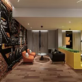 Modern Lounge Area Interior With Brick Wall Graffiti Art Comfortable Sofas And Yellow Bar Counter