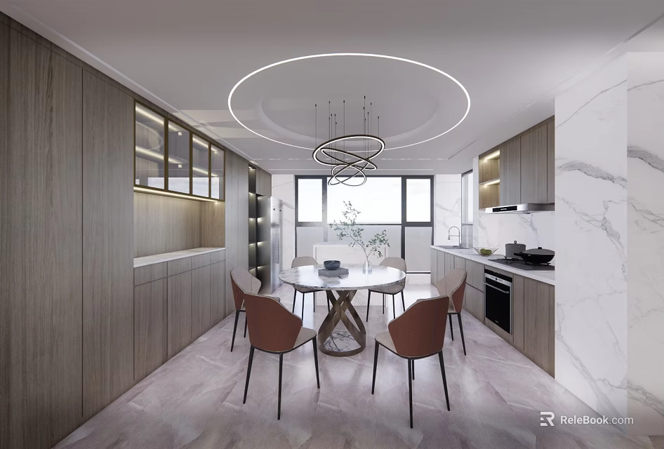 Modern Open Dining Area With Round Table Chairs Chandelier Wooden Cabinets And Marble Walls 3d model 