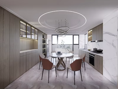 Modern Open Dining Area With Round Table Chairs Chandelier Wooden Cabinets And Marble Walls 3d model