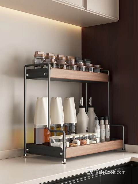 Two Tier Wooden And Metal Storage Shelf With Spice Jars And Oil Bottles 3d model 