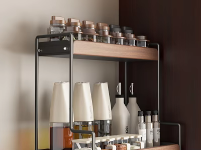 Two Tier Wooden And Metal Storage Shelf With Spice Jars And Oil Bottles 3d model