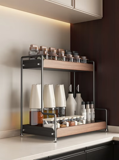 Two Tier Wooden And Metal Storage Shelf With Spice Jars And Oil Bottles 3d model