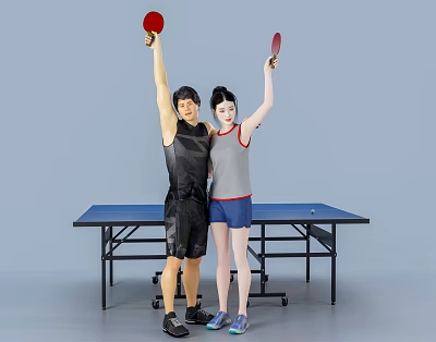 Two People Holding Ping Pong Paddles At Table Tennis Table 3d model