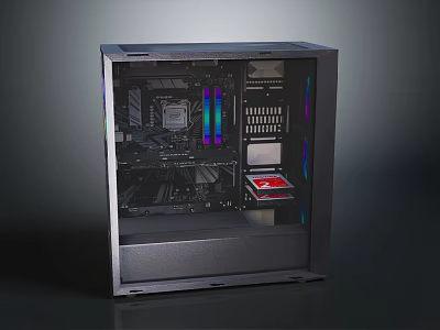 Gaming PC Case with Transparent Side Panel Showcasing RGB Lighting and Internal Components 3d model