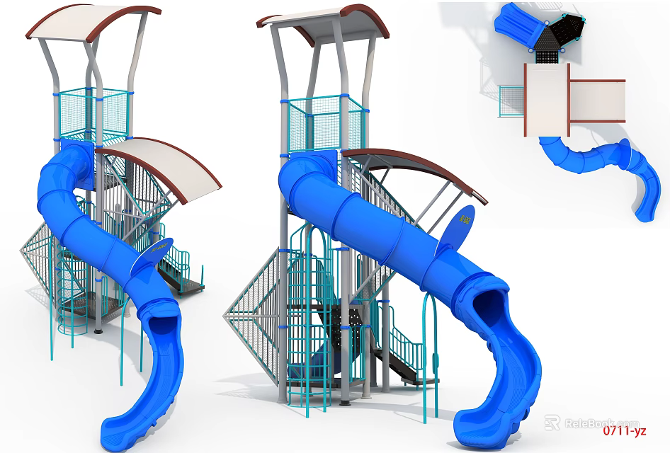 Fun Children's Playground With Blue Slides Slide Towers Metal Frames And Canopies 3d model 