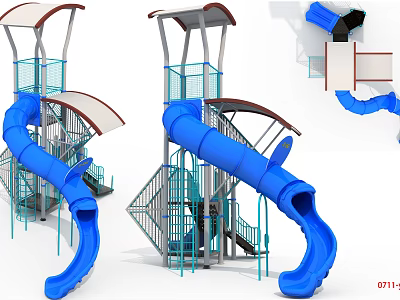 Fun Children's Playground With Blue Slides Slide Towers Metal Frames And Canopies 3d model