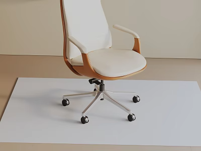 Modern Office Chair with White Cushion Wooden Armrests and Metal Rolling Base 3d model