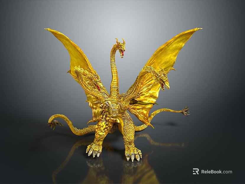 Three-headed golden dragon dragon wings scales claws multi-headed creature mythical creature reptile tail mythical animal mythical animal fantasy animal texture