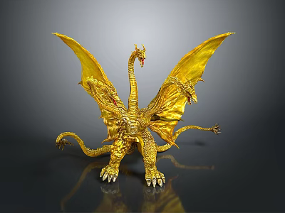 Golden Dragon Statue With Intricate Wings And Reflective Surface On Dark Background 3d model