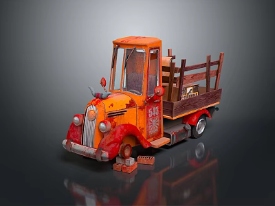 Vintage Orange Truck With Wooden Rack Wooden Boxes And Round Headlights On Bed 3d model