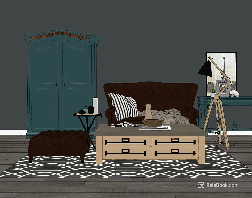 Brown Sofa With Wooden Coffee Table Set Ottoman Green Cabinet Floor Lamp And Geometric Rug 3d model 