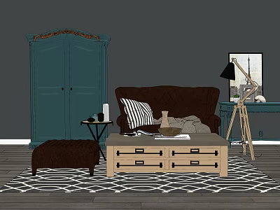 Brown Sofa With Wooden Coffee Table Set Ottoman Green Cabinet Floor Lamp And Geometric Rug 3d model