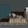 Brown Sofa With Wooden Coffee Table Set Ottoman Green Cabinet Floor Lamp And Geometric Rug