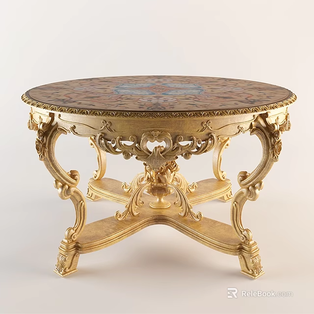 Ornate Round Coffee Table With Golden Carved Frame And Patterned Tabletop 3d model 