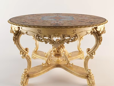 Ornate Round Coffee Table With Golden Carved Frame And Patterned Tabletop 3d model