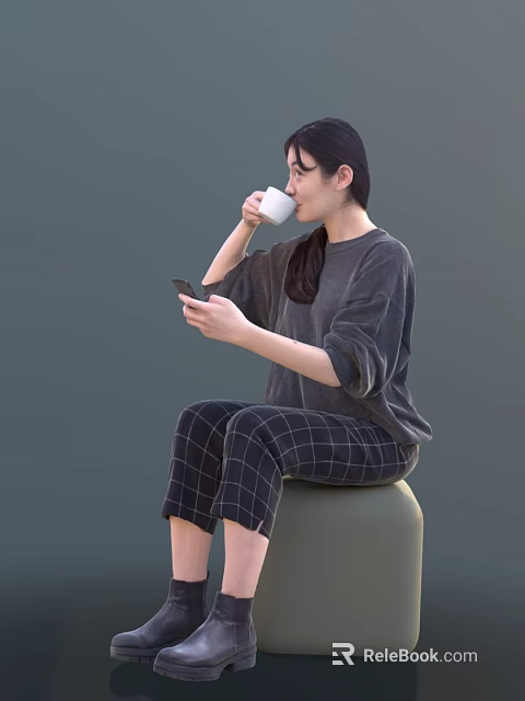 Woman Sitting On Round Stool Using Mobile Phone And Drinking Coffee In Casual Outfit 3d model 