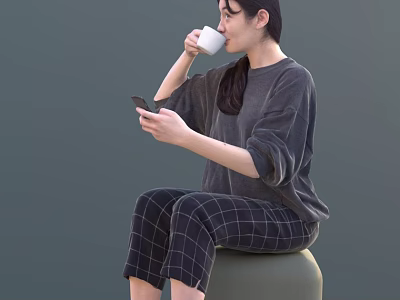 Woman Sitting On Round Stool Using Mobile Phone And Drinking Coffee In Casual Outfit 3d model