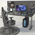 Modern Gaming Desk Setup With Ergonomic Chair Pegboard Monitor Headphones And PC Case