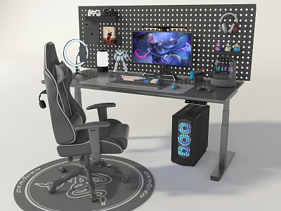 Modern Gaming Desk Setup With Ergonomic Chair Pegboard Monitor Headphones And PC Case 3d model