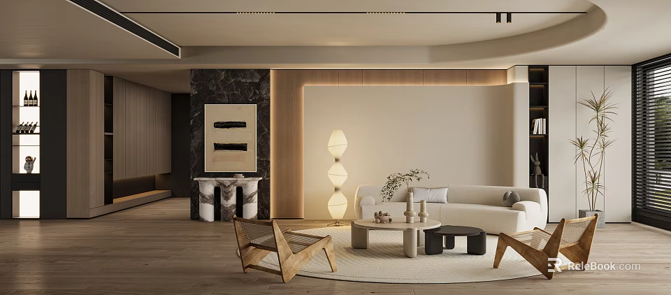 Modern Living Room Interior Design With Beige Sofa Floor Lamp And Wooden Coffee Table 3d model 