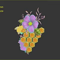 Pink Flower Plant With Green Leaves Bee And Hexagonal Honeycomb Design Structure
