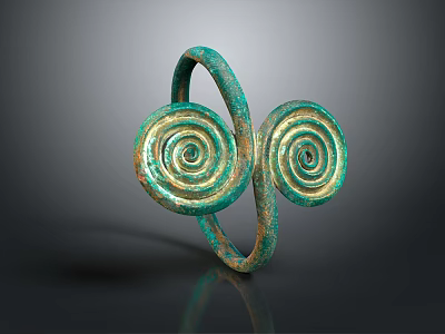 Ancient Bronze Double Spiral Ring Ornament For Traditional Clothing 3d model