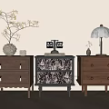 Stylish Nightstands with Brown Drawer Cabinets Black White Pattern Middle Table Lamp Vase Clock