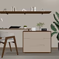Modern Wooden Desk With White Chair Lamp Drawers And Potted Plant