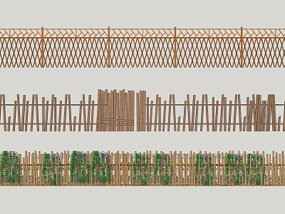 Different Types Of Bamboo Fences With Woven And Vertical Designs And Green Plants 3d model