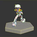 White Robot Game and Movie Character With Yellow Purple Head Standing on Hexagonal Base