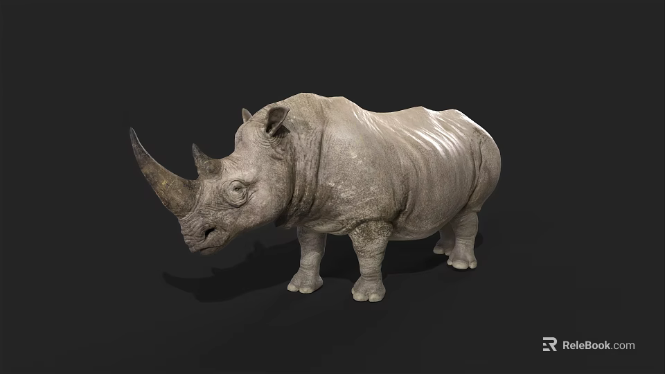 Realistic Gray Rhinoceros Standing On Black Background With Detailed Horns And Texture 3d model 
