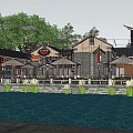 Charming Traditional Chinese Commercial Street With Outdoor Seating Umbrellas Waterfront Trees