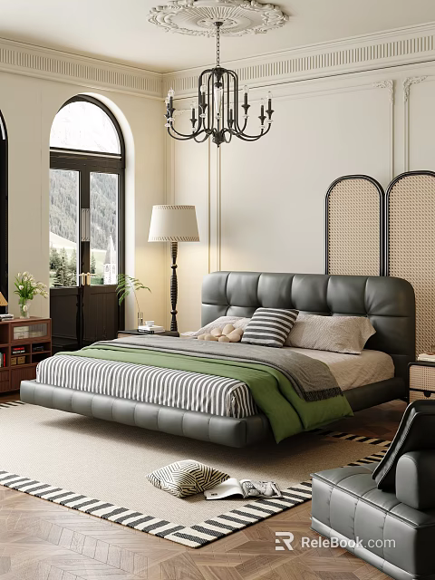 Modern Apartment Bedroom Featuring Gray Leather Bed Green Quilt Striped Sheets Floor Lamp Arched Window 3d model 