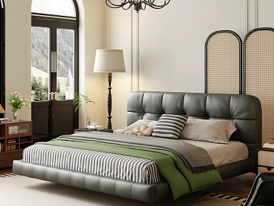 Modern Apartment Bedroom Featuring Gray Leather Bed Green Quilt Striped Sheets Floor Lamp Arched Window 3d model