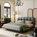 Modern Apartment Bedroom Featuring Gray Leather Bed Green Quilt Striped Sheets Floor Lamp Arched Window